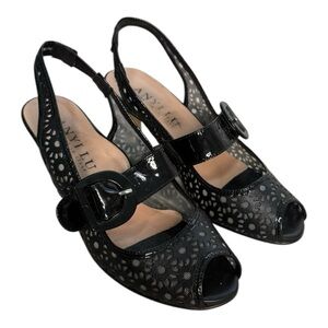 ANYI LU Black Patent Leather Peep Toe Slingback Heels Size 36.5 Italy Cutout
